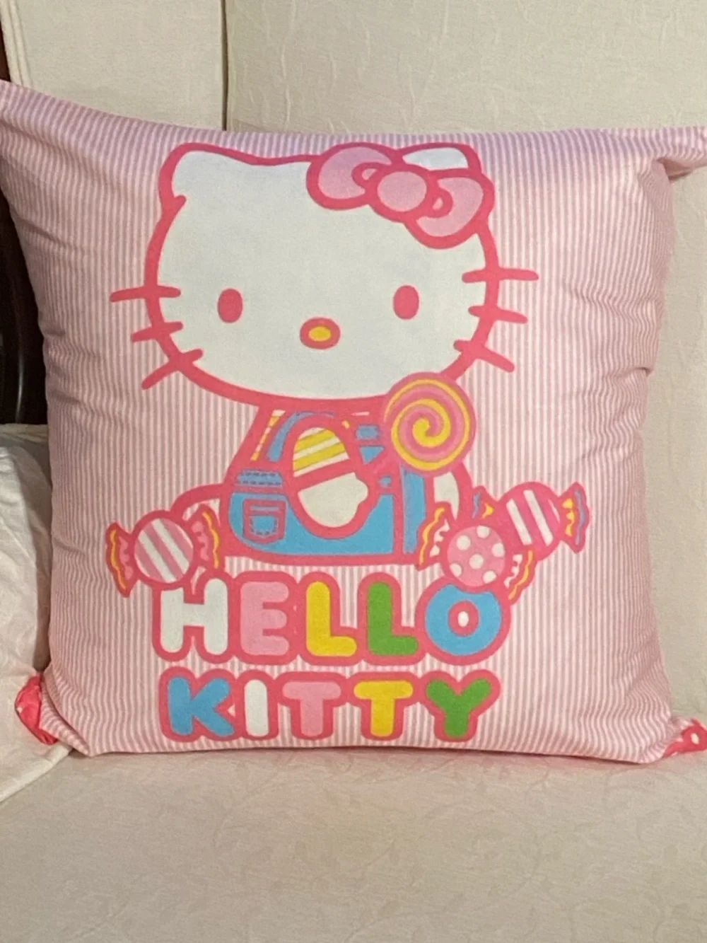 Hello Kitty Pink Stripe Pillow Cover Only Approx. 17x17 Cute Kawaii Decor